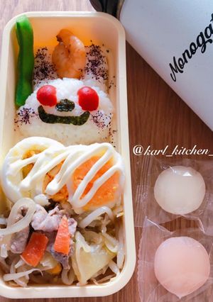 簡単豚野菜炒め茹で卵うさぎおにぎり弁当-レシピのメイン写真