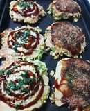 挽き肉、新玉、新キャベツでお好み焼き
