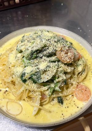 牛乳でエビとほうれん草のクリームパスタ-レシピのメイン写真