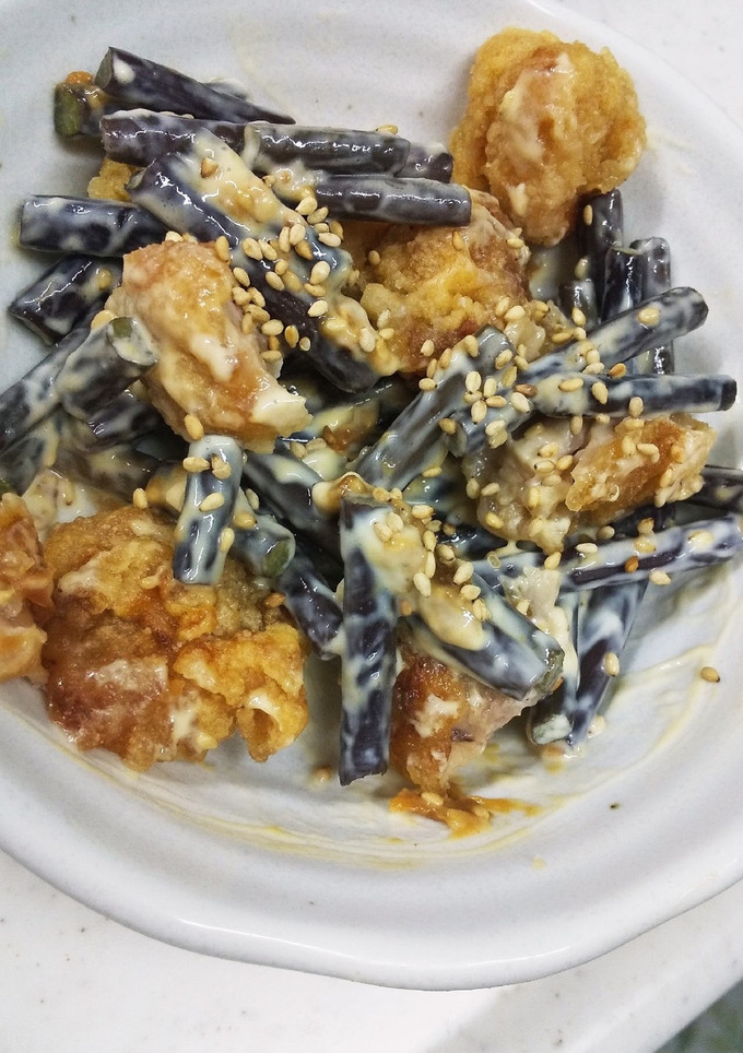 ワラビと、から揚げの、マヨ味噌あえ-レシピのメイン写真