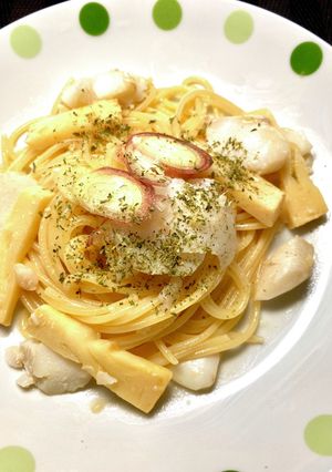 鱈と筍のパスタ。ミョウガを添えて-レシピのメイン写真