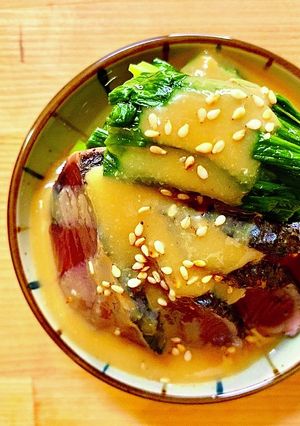 カツオのたたきとニラの酢味噌和え-レシピのメイン写真