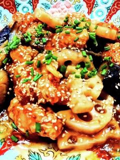 【唐揚げリメイク】蓮根とナスの甘酢炒め-レシピのメイン写真