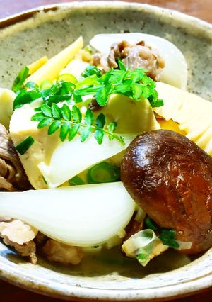 発酵筍(メンマ)焼き椎茸、新玉葱の肉豆腐-レシピのメイン写真