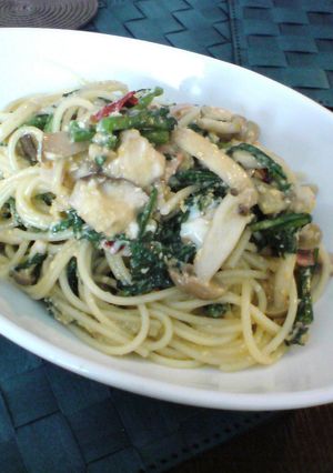 春菊ときのこと半熟卵のパスタ-レシピのメイン写真