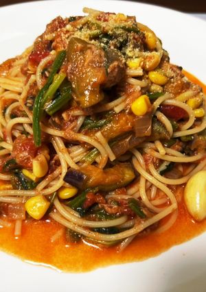 病みつきほうれん草と茄子ツナトマトパスタ-レシピのメイン写真