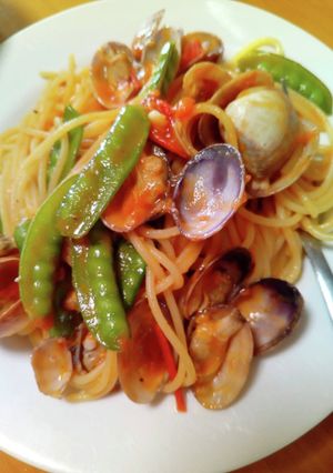 アサリと絹さやのトマトソースパスタ-レシピのメイン写真