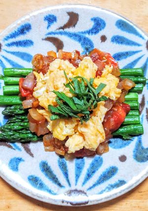 アスパラガスとトマトに卵の中華あんかけ-レシピのメイン写真