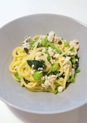 小松菜とひき肉のパスタ-レシピのメイン写真