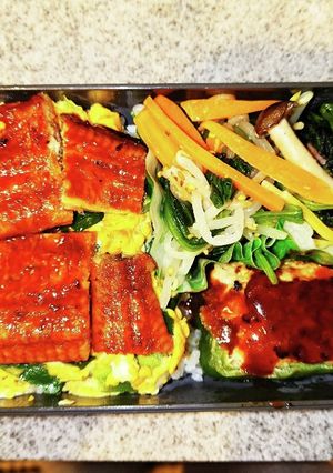 ニラ玉うな丼　ピーマン肉詰め　弁当-レシピのメイン写真