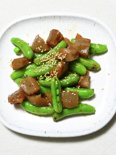 スナップエンドウとこんにゃくマヨ七味炒め-レシピのメイン写真