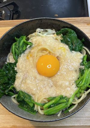 ニラのおひたし卵と山芋とろろの冷静パスタ-レシピのメイン写真