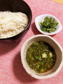 麺つゆに オクラとめかぶの 温素麺-レシピのメイン写真