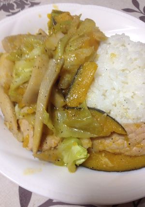 かぼちゃと里芋、キャベツ、豚炒め-レシピのメイン写真