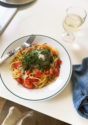 トマトと温泉たまごのパスタ-レシピのメイン写真