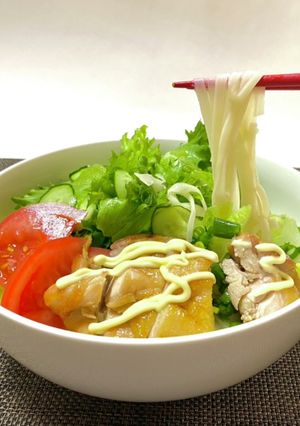照り焼きチキン乗せサラダ稲庭うどん-レシピのメイン写真