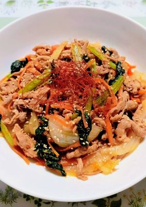 簡単夕飯韓国！豚こま小松菜コチュジャンプルコギ丼-レシピのメイン写真