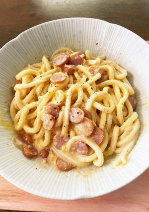 レンジのみ！明太子カルボナーラうどん-レシピのメイン写真