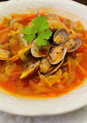 魚介の旨味♡あさりと春野菜のトマトスープ-レシピのメイン写真