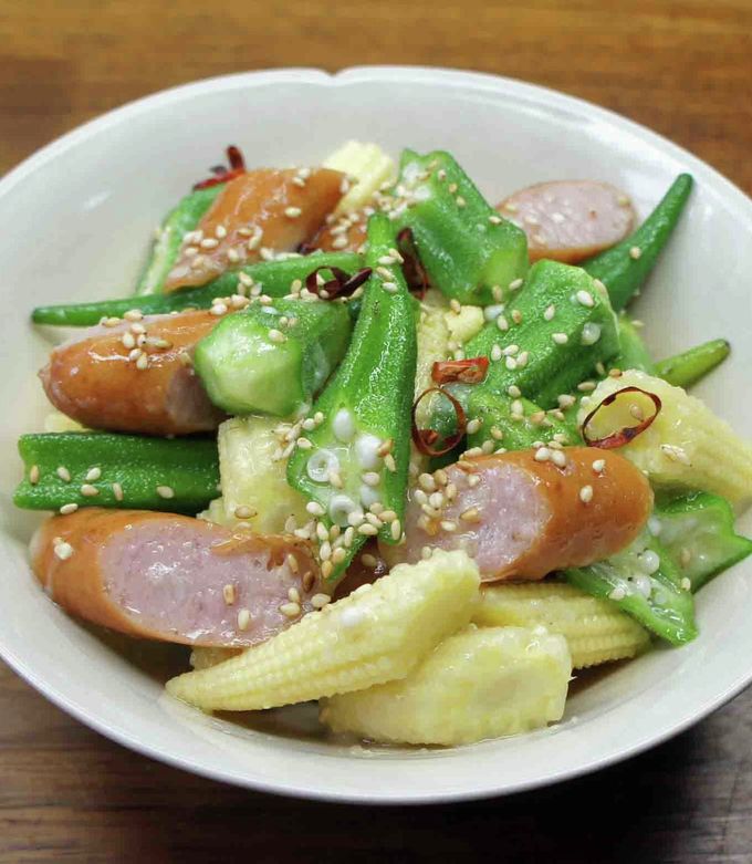 季節の野菜とソーセージの鶏油和え-レシピのメイン写真