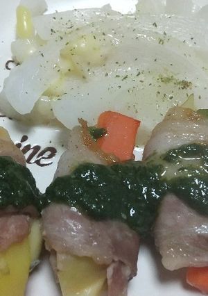 チーズと野菜の豚バラ巻きバジルソース-レシピのメイン写真