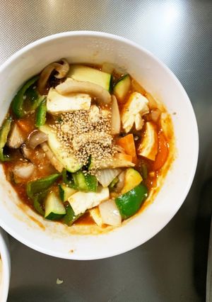 レンジ肉無豆腐ケチャップ丼味野菜炒め-レシピのメイン写真