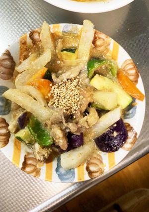 簡単梅ごま味噌ダレ味豚こま大根青椒肉絲風-レシピのメイン写真