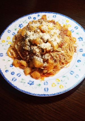 挽き肉とじゃがいものトマトソースパスタ-レシピのメイン写真