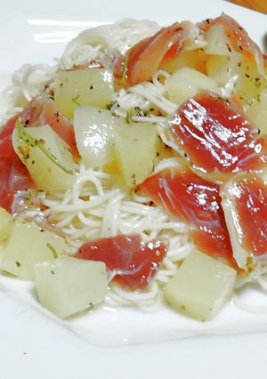 超簡単 生ハムと桃缶のクリームそうめん-レシピのメイン写真