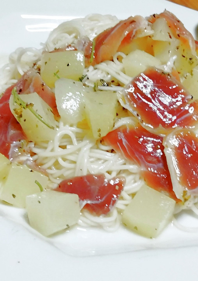 超簡単 生ハムと桃缶のクリームそうめん-レシピのメイン写真
