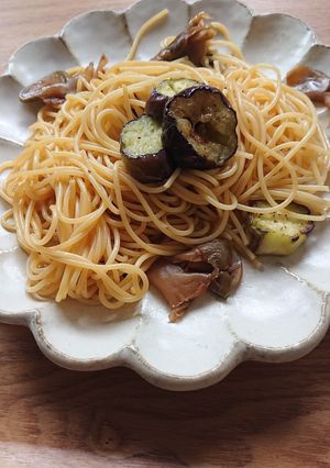 茄子とザーサイのめんつゆパスタバター使用-レシピのメイン写真