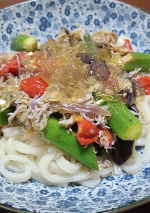 つめたい麺♪夏野菜と出汁ジュレうどん-レシピのメイン写真