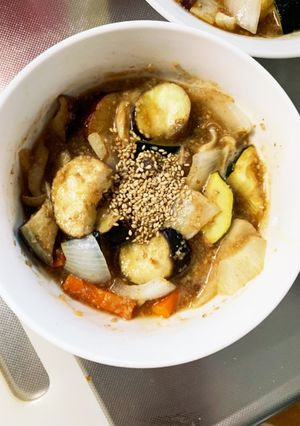 根菜茄子梅カツオ照り焼き味温野菜サラダ-レシピのメイン写真