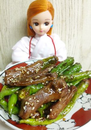 リカちゃん♡甘長ピー牛ハツにんにく醤油-レシピのメイン写真