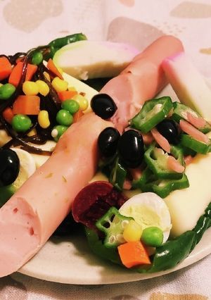玉子豆腐ミクベジ魚肉ソ黒豆«ピーマン皿»-レシピのメイン写真