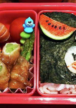 ゆるくキャラ弁〈7月〉スイカ&うちわ-レシピのメイン写真