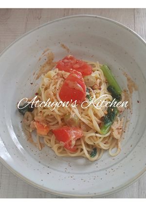 簡単！トマト、オリーブ胡麻ドレ冷製パスタ-レシピのメイン写真