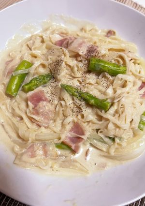糖質0麺とアスパラの豆乳クリームパスタ-レシピのメイン写真