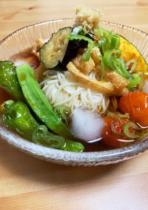 素揚げ夏野菜のぶっかけきつねそうめん-レシピのメイン写真
