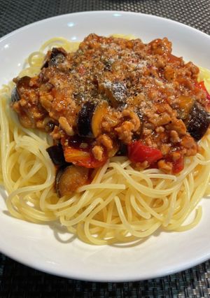 ゴロゴロなすとミニトマトのミートパスタ-レシピのメイン写真