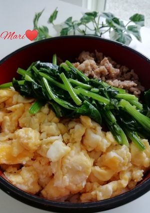 フライパンで✧三色丼（鶏・卵・ほうれん草-レシピのメイン写真