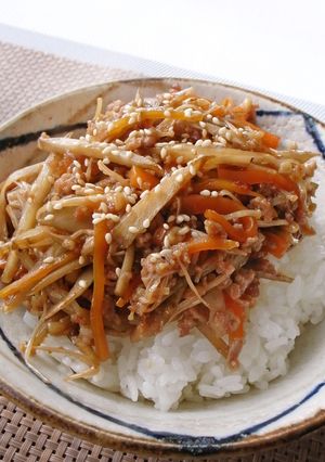 栄養満点!豚肉入りきんぴらごぼう丼-レシピのメイン写真