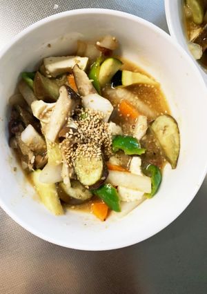 レンジ肉無豆腐コク旨梅肉照味野菜炒め-レシピのメイン写真