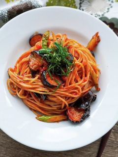 大葉香る♪茄子とアスパラのトマトパスタ-レシピのメイン写真