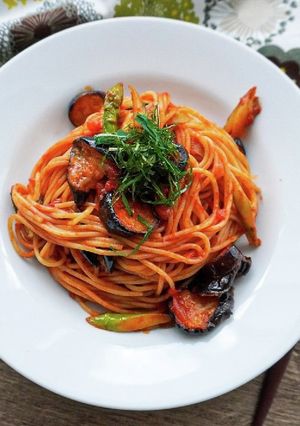 大葉香る♪茄子とアスパラのトマトパスタ-レシピのメイン写真