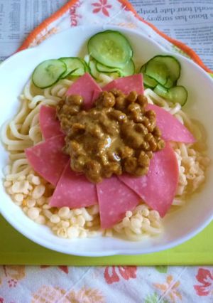 醤油うどん風冷やしうどん73ビアソ納豆3-レシピのメイン写真