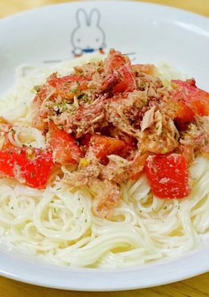 トマトとツナとコンビーフの胡麻風味素麺-レシピのメイン写真