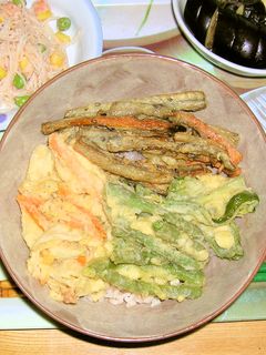 野菜天ぷら丼。(インゲン・かき揚げ)-レシピのメイン写真