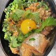 我が家の丼 モロヘイヤオグラ納豆サバ缶丼