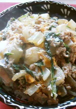 菜心とひき肉の卵丼-レシピのメイン写真